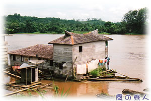 川に浮かぶ変わった家の写真