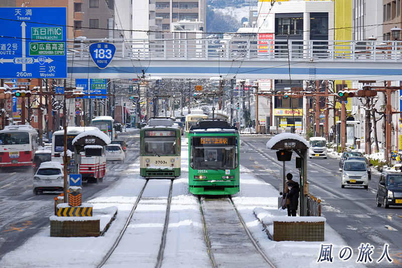 雪景色の本川町電停　大雪の日2017の写真