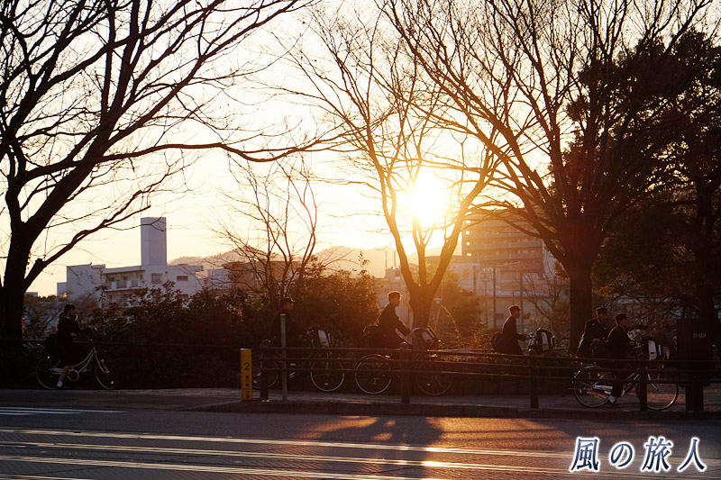 夕日の中の学生　新横川橋の夕景2017年2月の写真