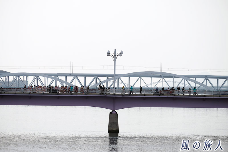 新己斐橋を渡るランナーたち　駅伝の日の新己斐橋の写真