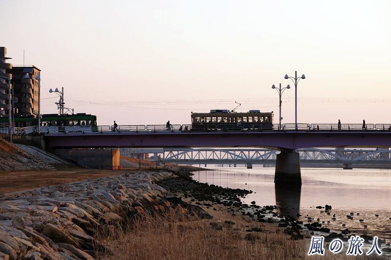 河川敷と電車　新己斐橋の夕景の写真