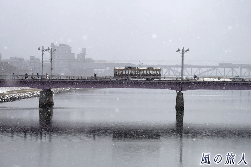 雪と光の中　雪の舞う新己斐橋の写真