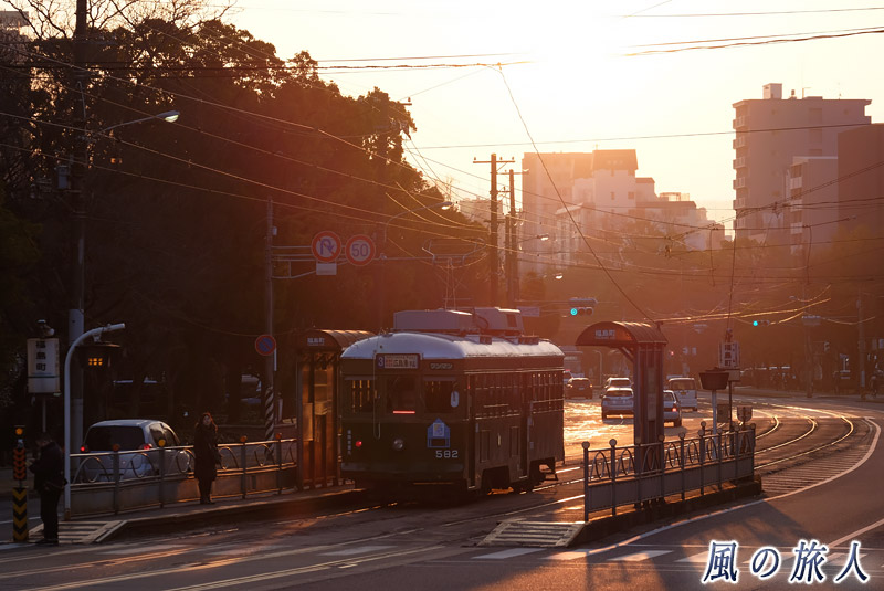 朝日の中の福島町電停　福島町の冬の朝の写真
