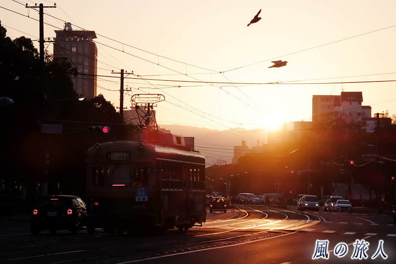 顔を出す太陽と路面電車　福島町の冬の朝の写真