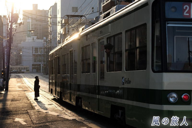 平面電停で電車待ち１　小網町の光り輝く朝の写真