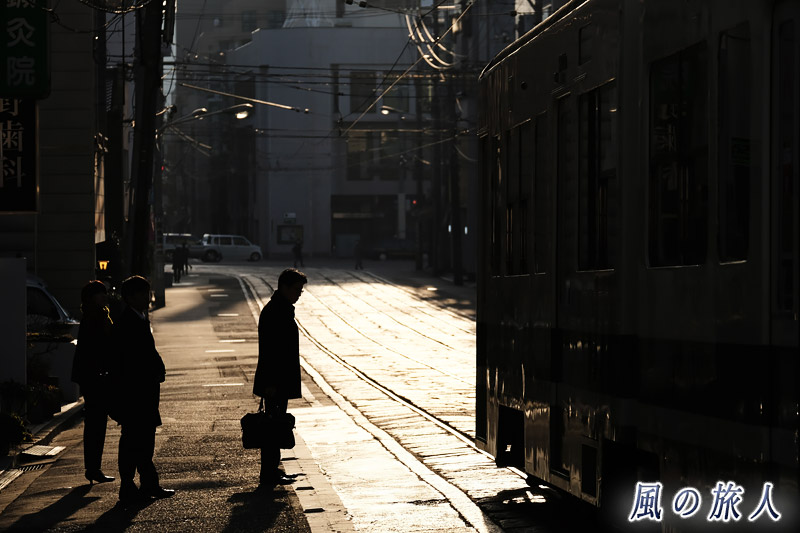 平面電停で電車待ち２　小網町の光り輝く朝の写真