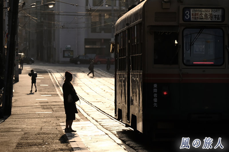 電車との距離　小網町の光り輝く朝の写真