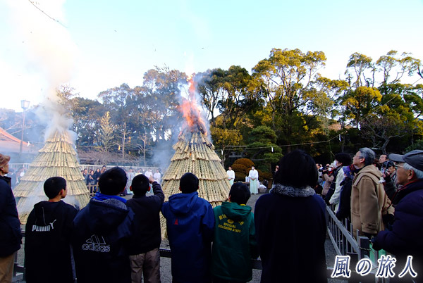 上部が燃える様子　鶴岡八幡宮の左義長神事の写真