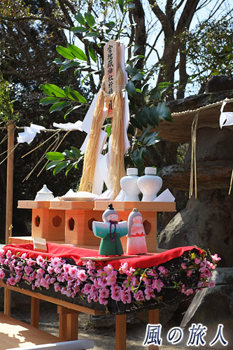 宮地嶽神社流し雛神事　桃の枝で飾られた雛舟の写真