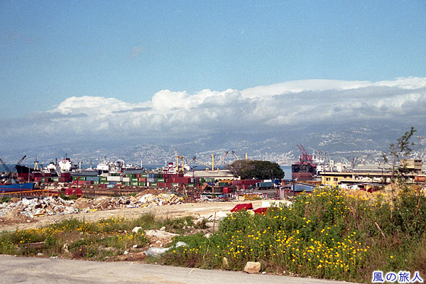 ベイルート港とレバノン山脈　ベイルートの町並みの写真