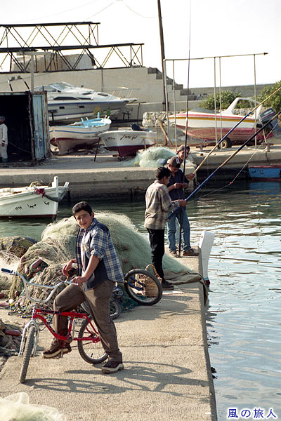 釣りをする子供たち　サイダの旧市街の写真