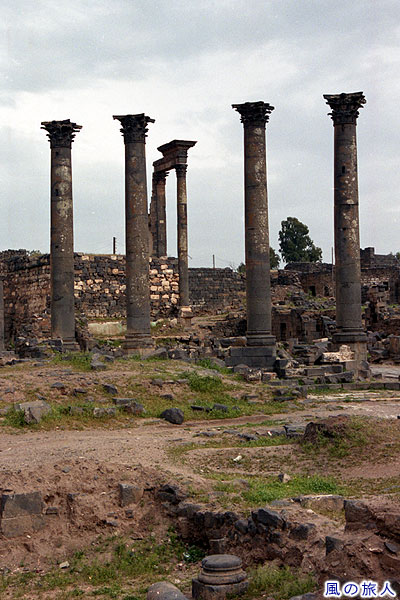 ニンファエウム（神殿）跡の四本の柱とカリベ　ボスラ遺跡
